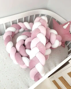 Tour De Lit Tressé 3 Grains Velours Vieux Rose Rose Poudré Et Blanc