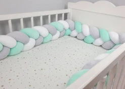 Tour De Lit Tressé 3 Grains Velours Mint Gris Et Blanc