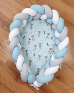 Tour De Lit Tressé 3 Grains Bleu Blanc Gris