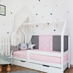 Lit Maison Avec Tiroir Blanc, Gris, Rose, Mint Ou Noir Avec Ou Sans Barrières