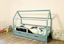 Lit Maison Avec Tiroir Blanc, Gris, Rose, Mint Ou Noir Avec Ou Sans Barrières -GribouilleTa Chambre Soldes Magasin file 600