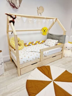 Lit Maison Avec Tiroir Bois Naturel Avec Ou Sans Barrières