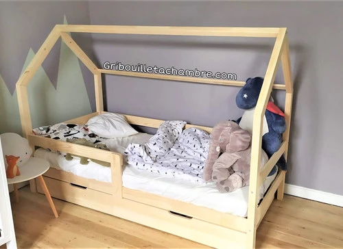 Lit Maison Avec Tiroir Bois Naturel Avec Ou Sans Barrières 14 Lit Maison Avec Tiroir Bois Naturel Avec Ou Sans Barrières – Image 12